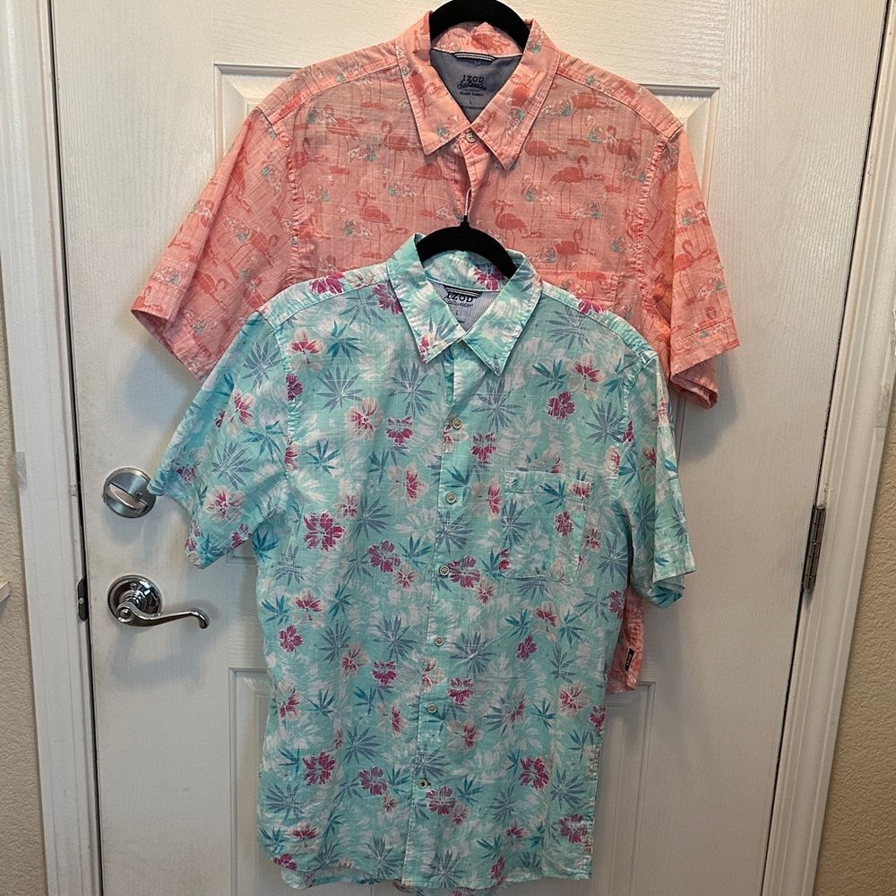 Izod Saltwater Men’s Button-Up Shirts Mint Green & Coral 100% Cotton L